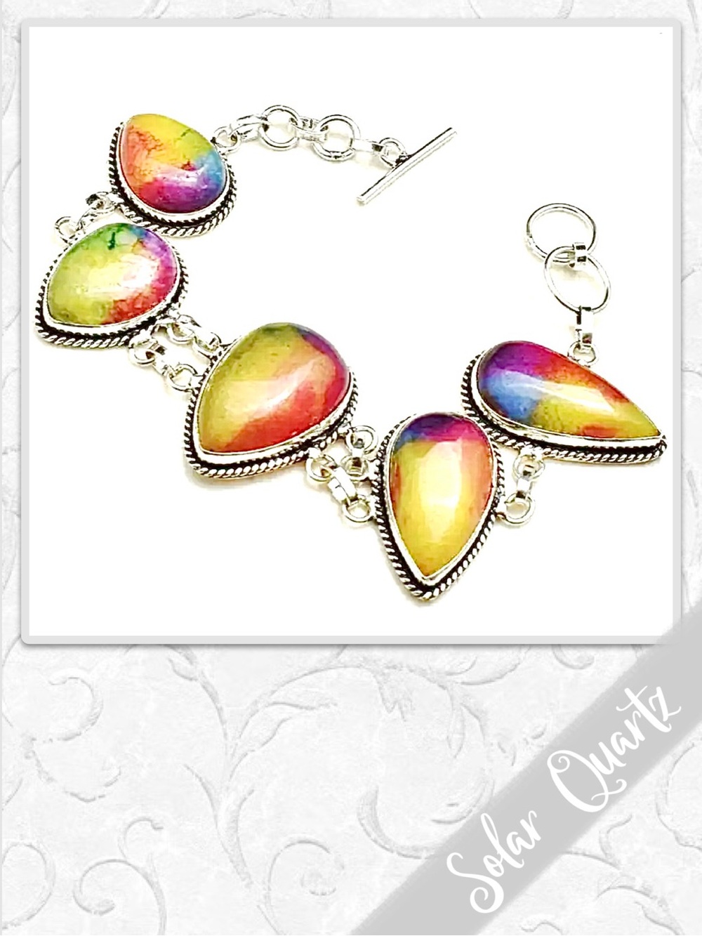 Rainbow Solar Quartz Silver Bracelet adjustable Yellow, Red, Green, Blue, Purple
